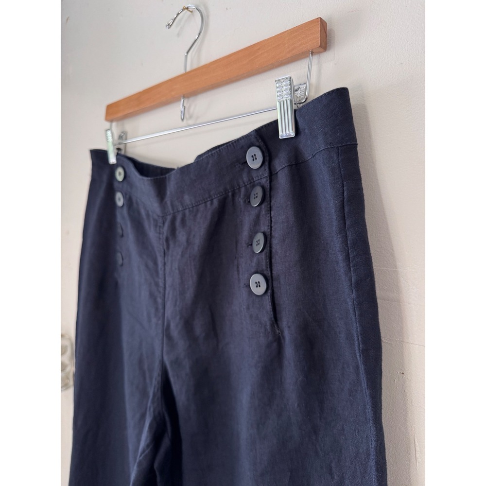 Navy Blue Linen Sailor Pant Size M Button Front Wide Leg Nautical Coastal Resort - Picture 3 of 11